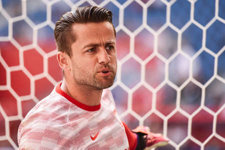 POZNAN, POLAND - JUNE 8, 2021: Friendly football match Poland - Iceland 2: 2. Warm up goalkeeper...