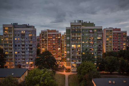 Colorful buildings - blocks, at evening in Polish town.の写真素材