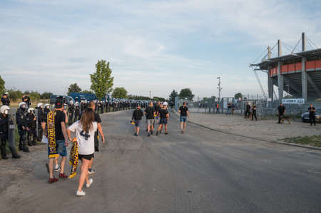 LUBIN, POLAND - SEPTEMBER 15, 2021: Police units in front of the stadium before Ekstraklasa football match KGHM Zaglebie Lubin - Pogon Szczecin.のeditorial素材