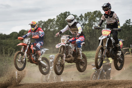 GLOGOW, POLAND - SEPTEMBER 25, 2021: IX. round of the Polish Championships and the Polish Cross Country Cup. Motorcyclists during the race.のeditorial素材