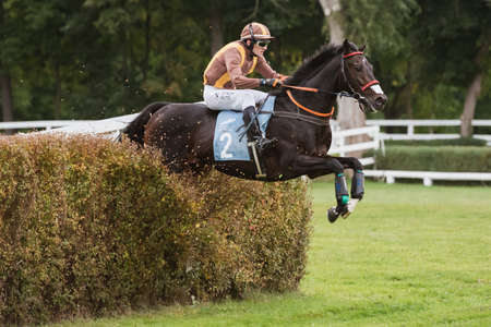 WROCLAW, POLAND - OCTOBER 16; 2021: Steeplechase race at Racecourse WTWK Partynice. Jockey A. Cmiel...
