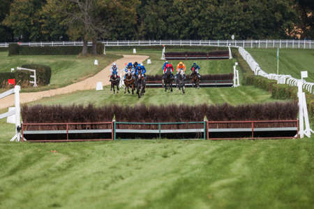 WROCLAW, POLAND - OCTOBER 16; 2021: Race with fences for three years old horses and older at Racecourse WTWK Partynice.のeditorial素材