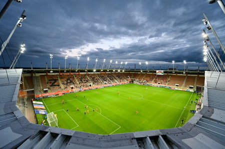 LUBIN, POLAND - SEPTEMBER 17, 2021: Football match Polish PKO Ekstraklasa between KGHM Zaglebie Lubin vs Bruk-Bet Termalica Nieciecza 2: 1. Aerial view on the stadium from the roof.のeditorial素材