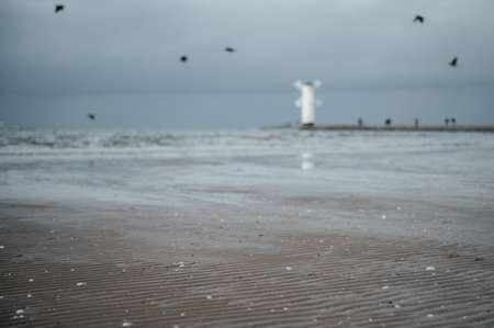 Sand with shells on the beach in the background sea landscape with a navigation sign in the form of a windmillの写真素材