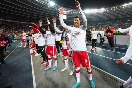 CHORZOW, POLAND - MARCH 29, 2022: FIFA World Cup 2022 Qualifications play-off match POLAND - SWEDEN 2: 0. Joy of Robert Lewandowski (L) after the match.のeditorial素材