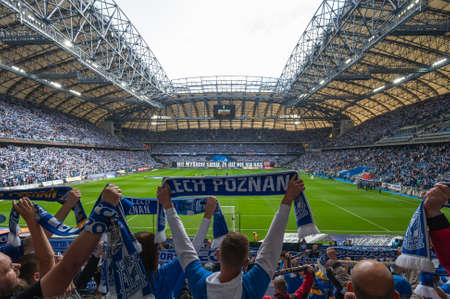 POZNAN, POLAND - MAY 21, 2022: Football match Polish PKO Ekstraklasa between Lech Poznan vs KGHM Zaglebie Lubin 2: 1. Cheering supporters of Lech.のeditorial素材
