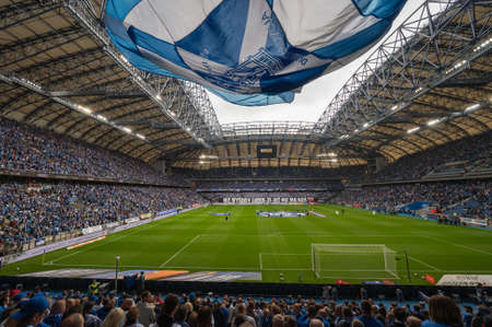 POZNAN, POLAND - MAY 21, 2022: Football match Polish PKO Ekstraklasa between Lech Poznan vs KGHM Zaglebie Lubin 2: 1. Cheering supporters of Lech.のeditorial素材