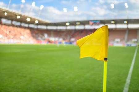Corner of football pitch at the stadium during the match.の写真素材