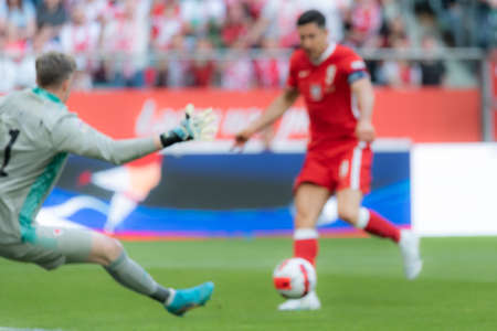 Soccer goalkeeper and forward in action - intensional blurredの写真素材