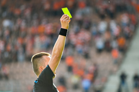 Referee shows yellow card during soccer match at the stadiumの写真素材