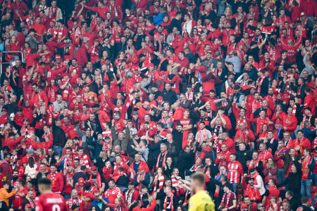 LODZ, POLAND - OCTOBER 16, 2022: Football match Polish PKO Ekstraklasa between Widzew Lodz vs KGHM Zaglebie Lubin 3:0. Joy supporters of Widzew after scoring goal.のeditorial素材