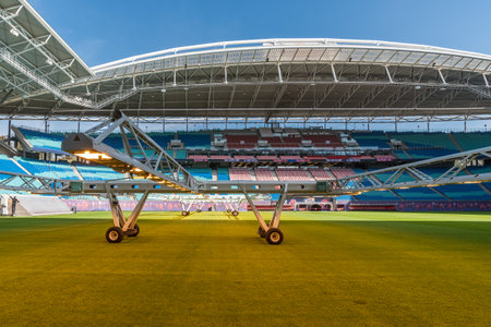 LEIPZIG, GERMANY - OCTOBER 9, 2018: Arena Red Bull Leipzig - lighting assimilation of grass.のeditorial素材