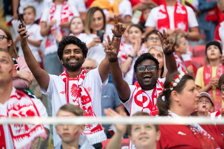 WARSAW, POLAND - JUNE 16, 2023: Friendly football match Poland vs Germany 1:0. Supporters of Poland.のeditorial素材