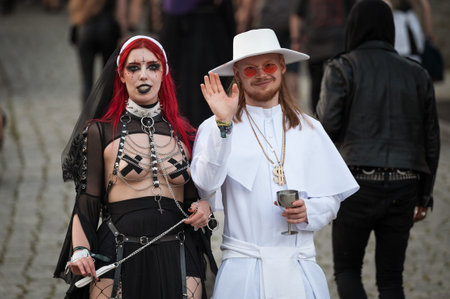 BOLKOW, POLAND - JULY 14, 2023: An unidentified participants of the Castle Party on the street in town. Castle Party is a dark independent festival.のeditorial素材