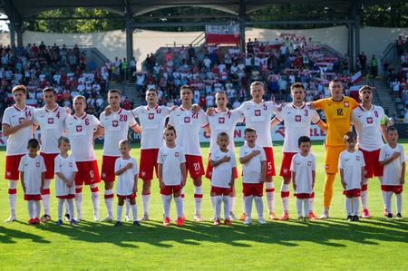 LEGNICA, POLAND - SEPTEMBER 11, 2023: Friendly football match under 20 Elite League Poland vs Germany 1:1. Team of Poland before the match.のeditorial素材