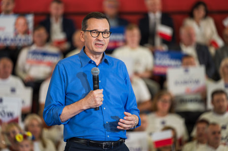 LUBIN, POLAND - SEPTEMBER 29, 2019: Prime Minister of the government Mateusz Morawiecki during election meeting with town residents.のeditorial素材
