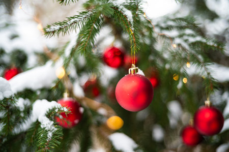 Red baubles on a snow-covered Christmas tree outdoorsの写真素材