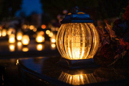 light on the grave at nightの写真素材
