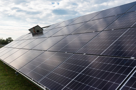 Photovoltaic panels during installation on the groundの写真素材