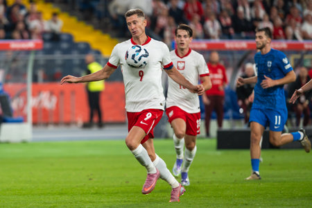 CHORZOW; POLAND - SEPTEMBER 7; 2025: Qualifications for FIFA 2026. Football match Poland vs Finland. Robert Lewandowski.のeditorial素材