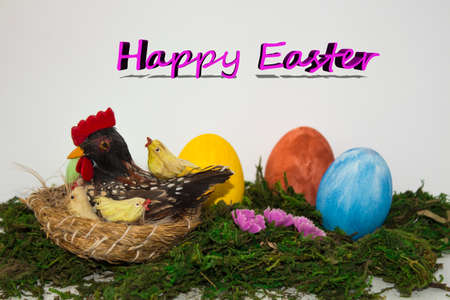 Cute chicken with text in stylish colors.Happy easter! A painting Easter eggs.