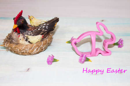 Cute chicken with text in stylish colors. Happy easterの写真素材