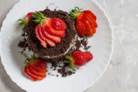 cake background. Close up of chocolate cake background. Fresh chocolate cake background. Background homemade chocolate cake. Chocolate View from above. Cake copyspaceの写真素材