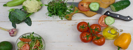 Homegrown vegetables. Fresh organic vegetables. Vegetables from the garden. Colorful vegetable. Healthy vegetable. Microgreen. View from above. Banner. Copyspace.の写真素材