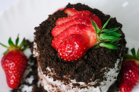cake background. Close up of chocolate cake background. Fresh chocolate cake background. Background homemade chocolate cake. Chocolate Macro. View from above. Cakeの写真素材