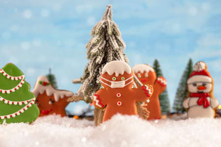 Christmas gingerbread. christmas food. Christmas sweets. Christmas cookies. Gingerbread cookies in the snow. masked manの写真素材