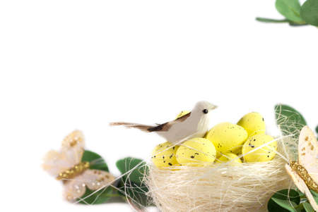 Easter eggs. Happy Easter card. Multicolored Easter eggs. Easter. Easter eggs on a white wooden...
