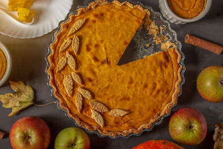 Thanksgiving Day. Pumpkin pie close-up. thanksgiving. pumpkins and fruits. Copy space