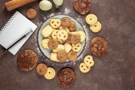 Biscuit. Background texture. Stack of cookies biscuit texture from biscuit biscuit tea cookies pattern. Chocolate sponge cake. View from above. Place for text.の写真素材