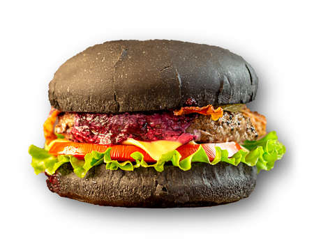 Black burger. Isolated on white. Isolate. Unhealthy food conceptの写真素材