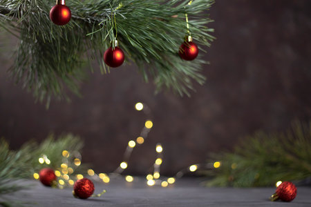 Christmas background with Christmas trees. Christmas background. Festive Christmas card. Banner. Copy spaceの写真素材