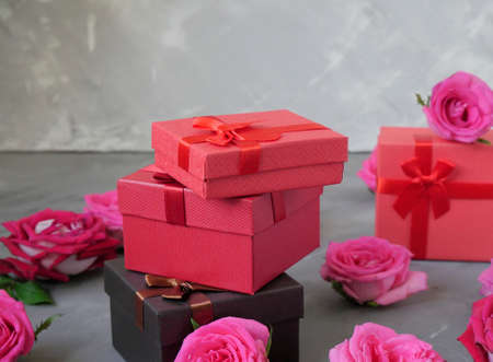Happy Valentines Day, roses and gifts. Close-up giftsの写真素材
