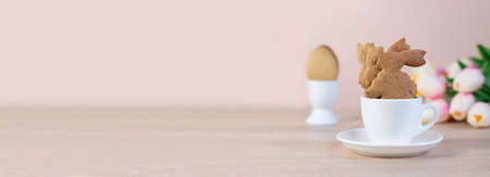 Easter background. happy easter card. Easter eggs. Easter. Rabbits in a cup. Banner. copy spaceの写真素材