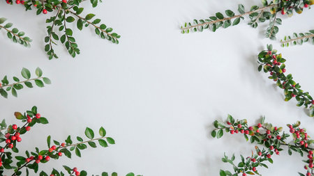 Happy new year border with fir tree branches and holly berries. frameの写真素材