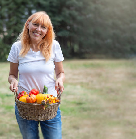 thanksgiving. The girl is holding a basket of vegetables. pumpkinsの写真素材