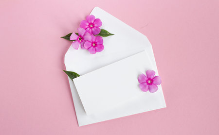 Envelope with flowers. Beautiful flowers in a mail envelope on a white background. greeting card for...