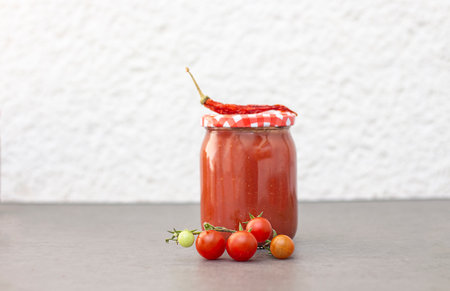 Glass jars with pickled tomatoes. Preserved vegetarian food.の写真素材