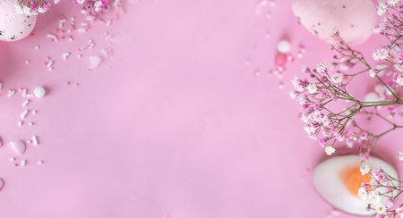 easter colorful eggs. Easter. easter pink background. Easter flowers. Banner. copy spaceの写真素材