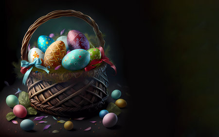 Easter baskets with painted eggs. A wicker basket full of eggs. AI generatedの素材