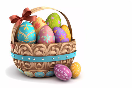 Basket with multi-colored eggs on a white background. Banner. copyspace. Generated AI copy spaceの素材