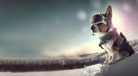 Search dog with glasses on the background of a winter snowboard, sports. Search for missing people. copyspace. Banner. copyspace. Generative AIの素材