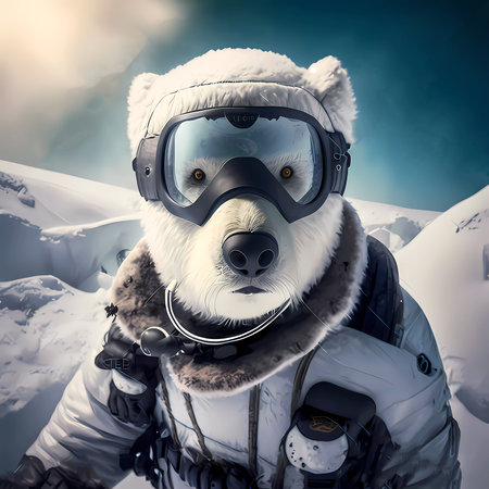 Polar bear snowboarder in goggles and full equipment looks at the camera. copyspace. Generative AIの素材