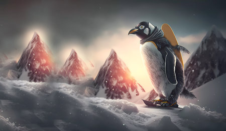 Penguin snowboarder on the background of a winter landscape. copyspace. Banner. copyspace. Generative AIの素材