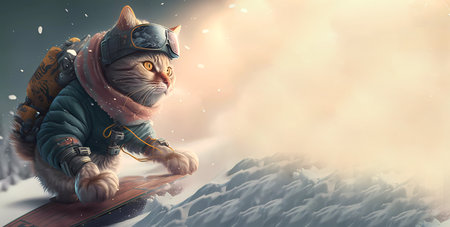 Red cat snowboarder in goggles on a snowboard. copyspace. Banner. copyspace. Generative AIの素材