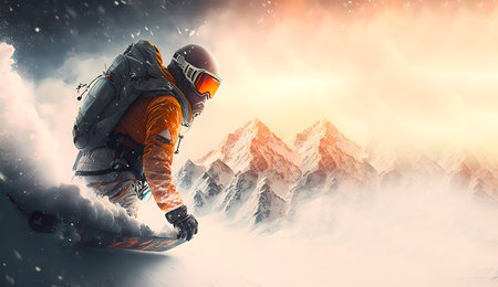 Snowboarder wearing full protective gear for extreme freeride snowboarding. sport. beautiful mountain background. Banner. Banner. copyspace. Generative AIの素材