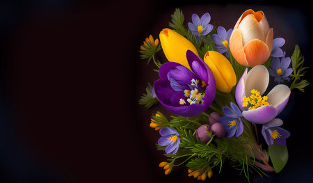 Spring flowers crocuses, snowdrops. Banner. On a dark background. Place for text. AI generatedの素材